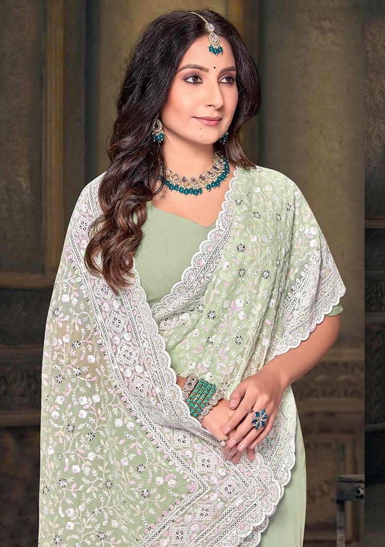Pista Embroidery Work Georgette Saree Set - Indya