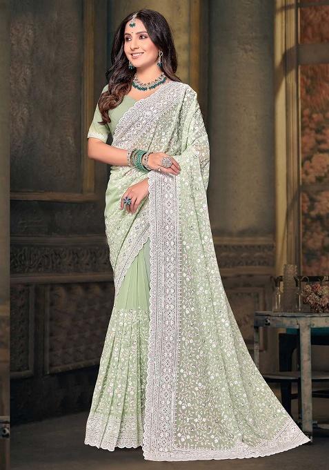 Pista Embroidery Work Georgette Saree Set