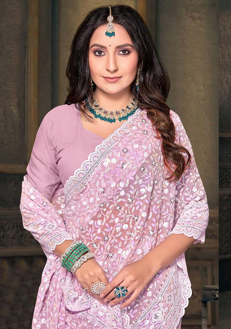 Dusty Pink Embroidery Work Georgette Saree Set - Indya
