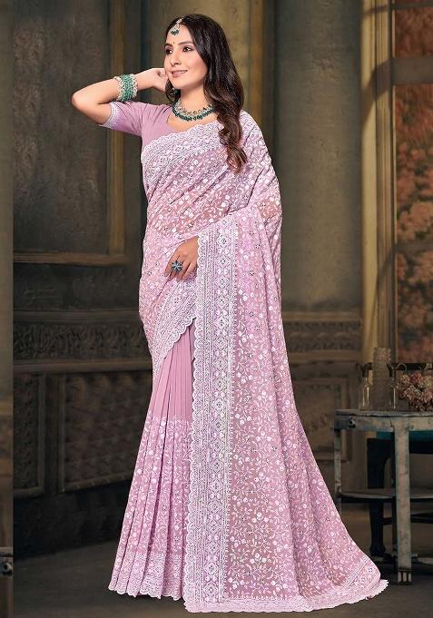 Dusty Pink Embroidery Work Georgette Saree Set