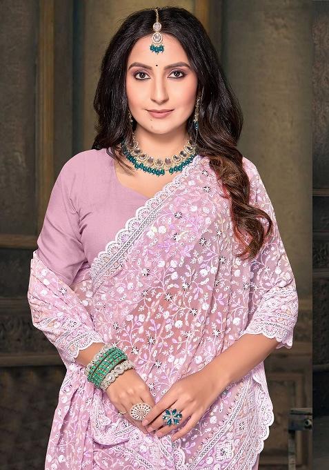 Dusty Pink Embroidery Work Georgette Saree Set