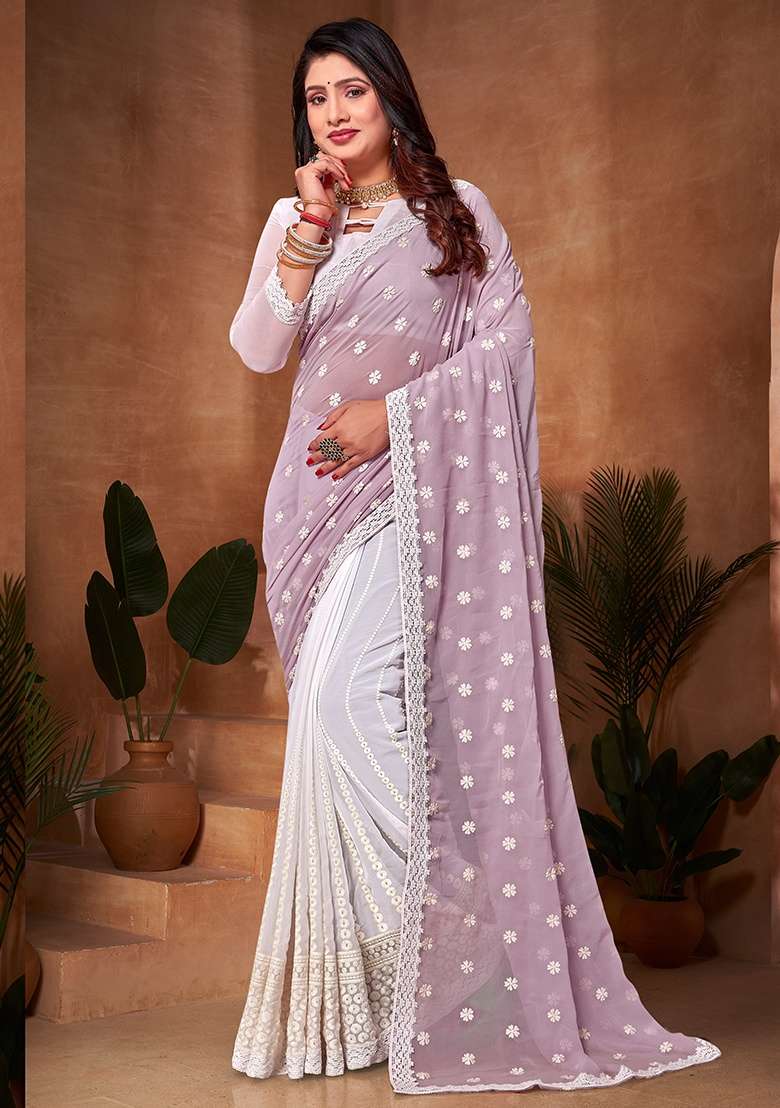 Lavender White Embroidery Work Georgette Saree Set for Diwali and Festive Wear - Indya