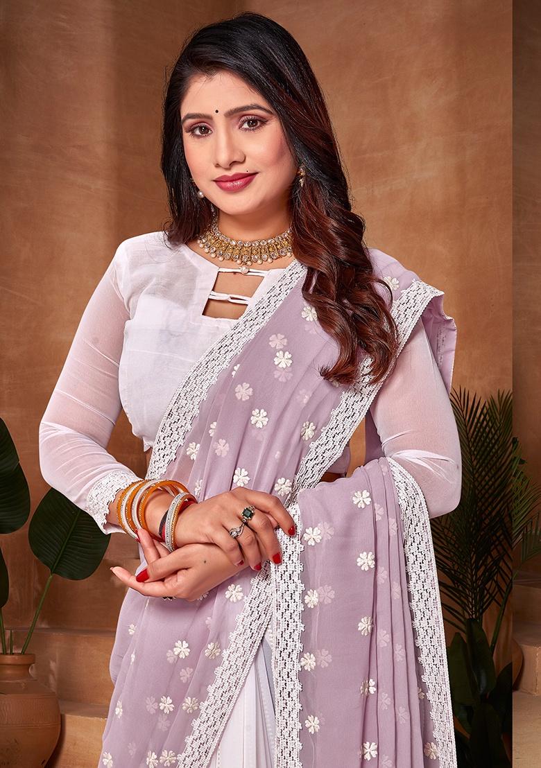 Lavender White Embroidery Work Georgette Saree Set - Indya