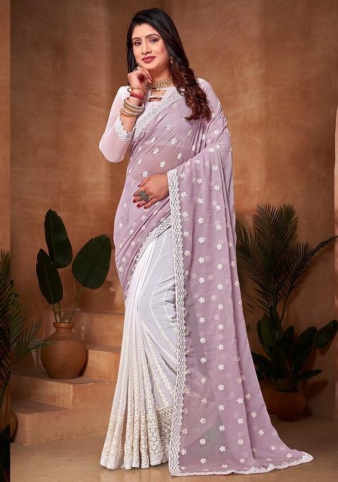 Lavender White Embroidery Work Georgette Saree Set