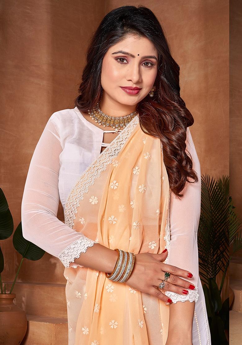 Yellow White Embroidery Work Georgette Saree Set - Indya