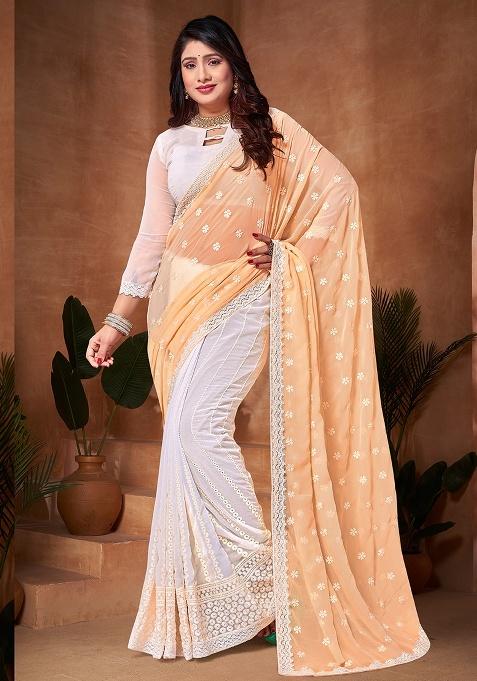 Yellow White Embroidery Work Georgette Saree Set