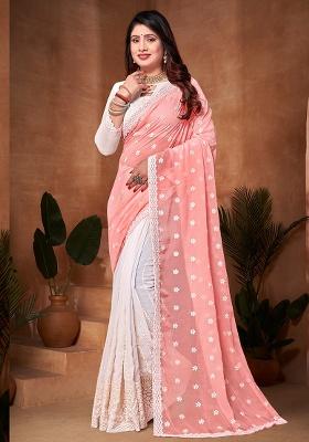 Peach White Embroidery Work Georgette Saree Set