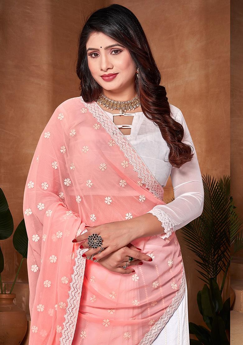 Peach White Embroidery Work Georgette Saree Set - Indya