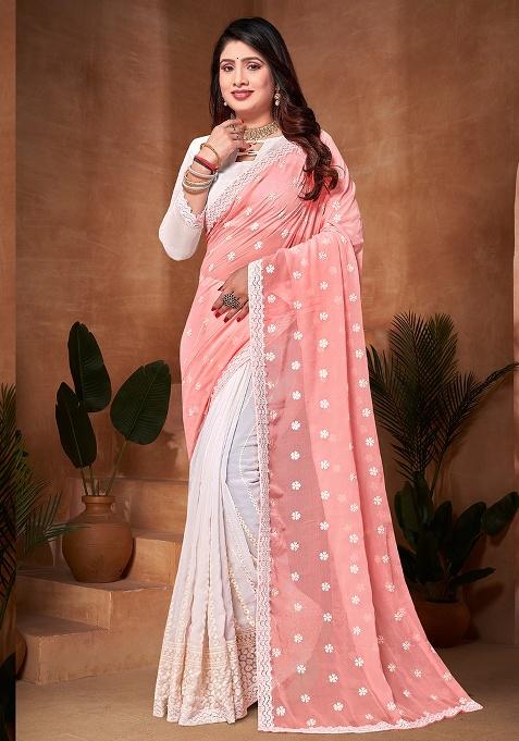 Peach White Embroidery Work Georgette Saree Set