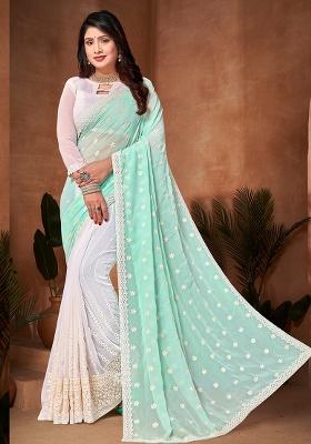 Sky White Embroidery Work Georgette Saree Set