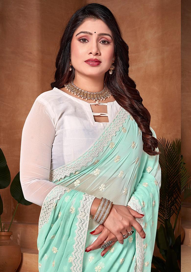 Sky White Embroidery Work Georgette Saree Set - Indya