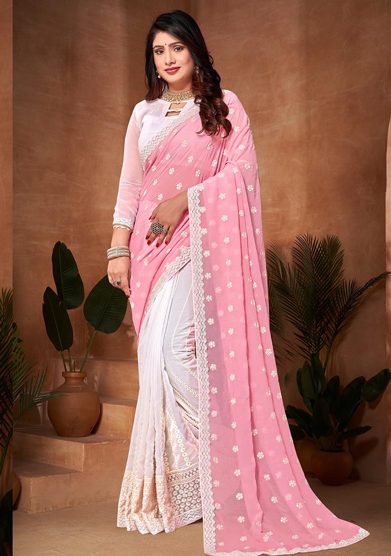 Pink White Embroidery Work Georgette Saree Set