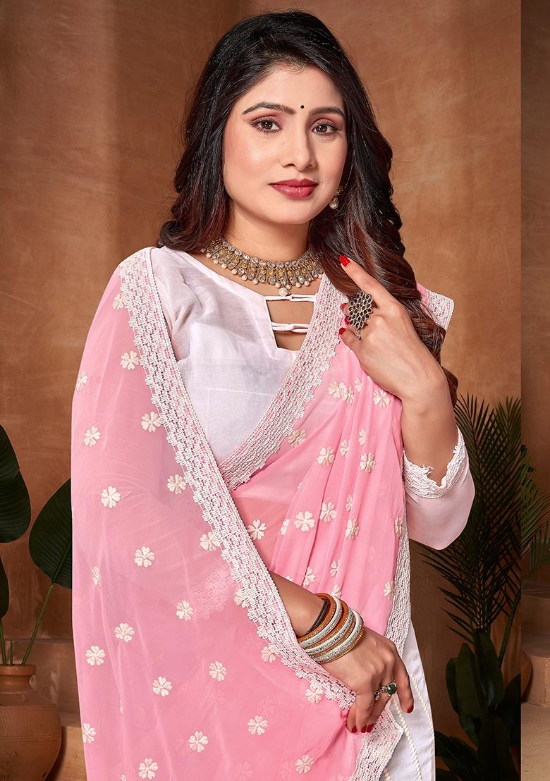 Pink White Embroidery Work Georgette Saree Set - Indya