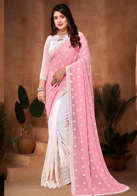 Pink White Embroidery Work Georgette Saree Set