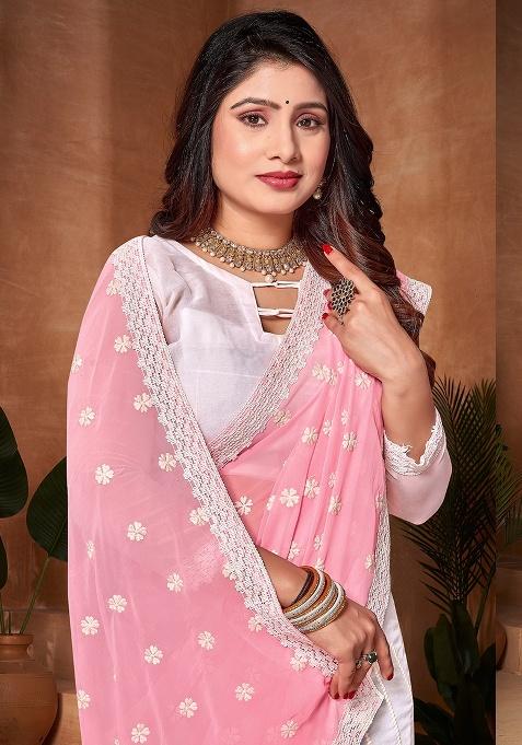 Pink White Embroidery Work Georgette Saree Set