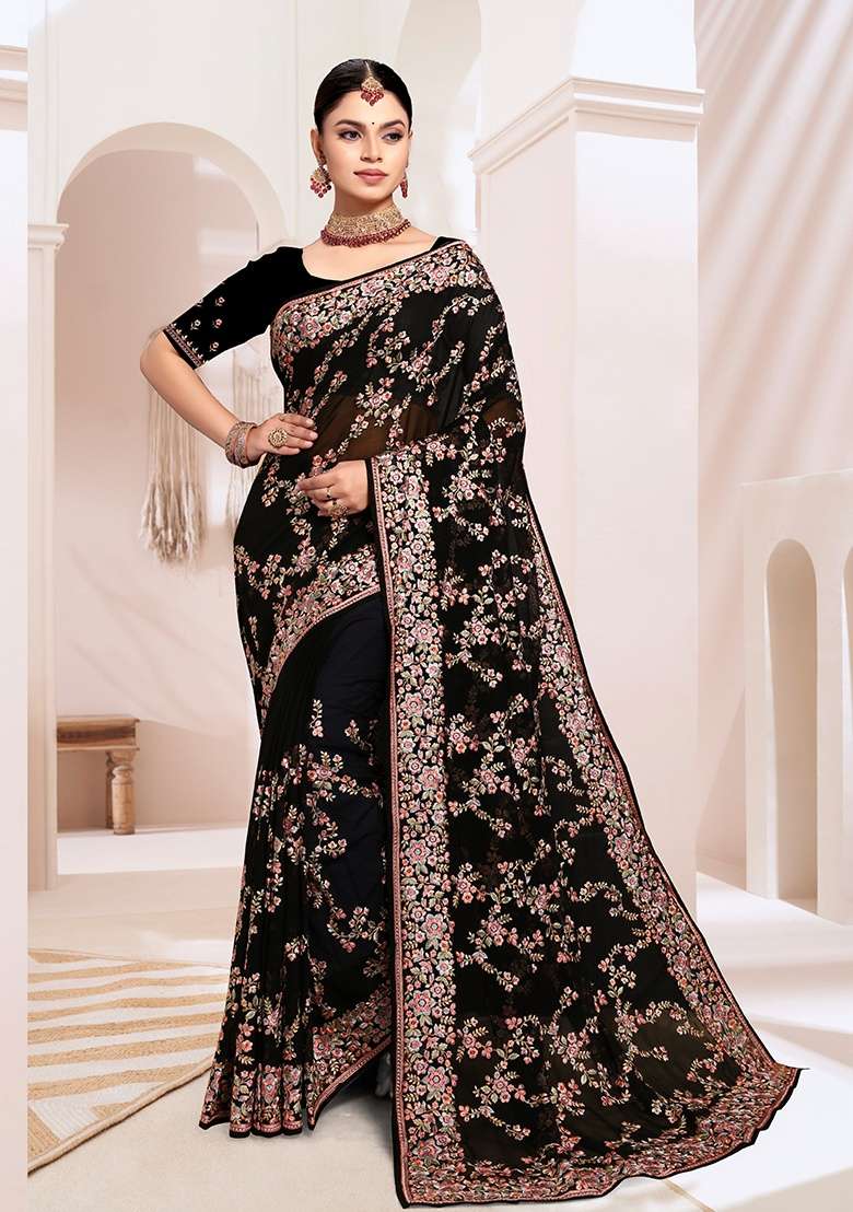 Black Work Georgette Saree Set with Embroidery for Diwali | Wedding & Festive Wear - Indya