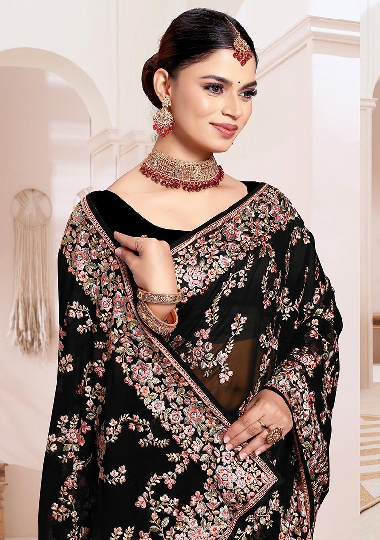 Black Embroidery Work Georgette Saree Set - Indya