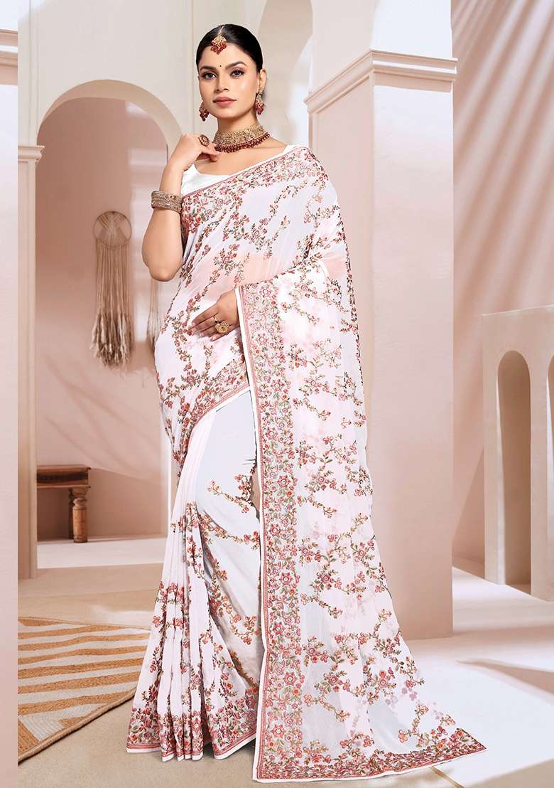 White Work Georgette Saree Set with Embroidery for Diwali | Wedding & Festive Wear - Indya