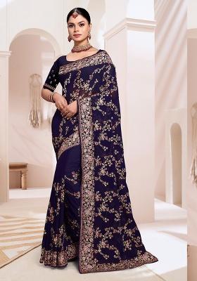 Navy Embroidery Work Georgette Saree Set