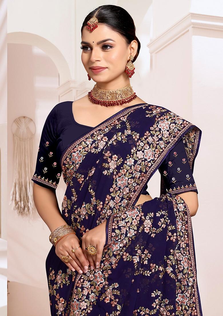Navy Embroidery Work Georgette Saree Set - Indya