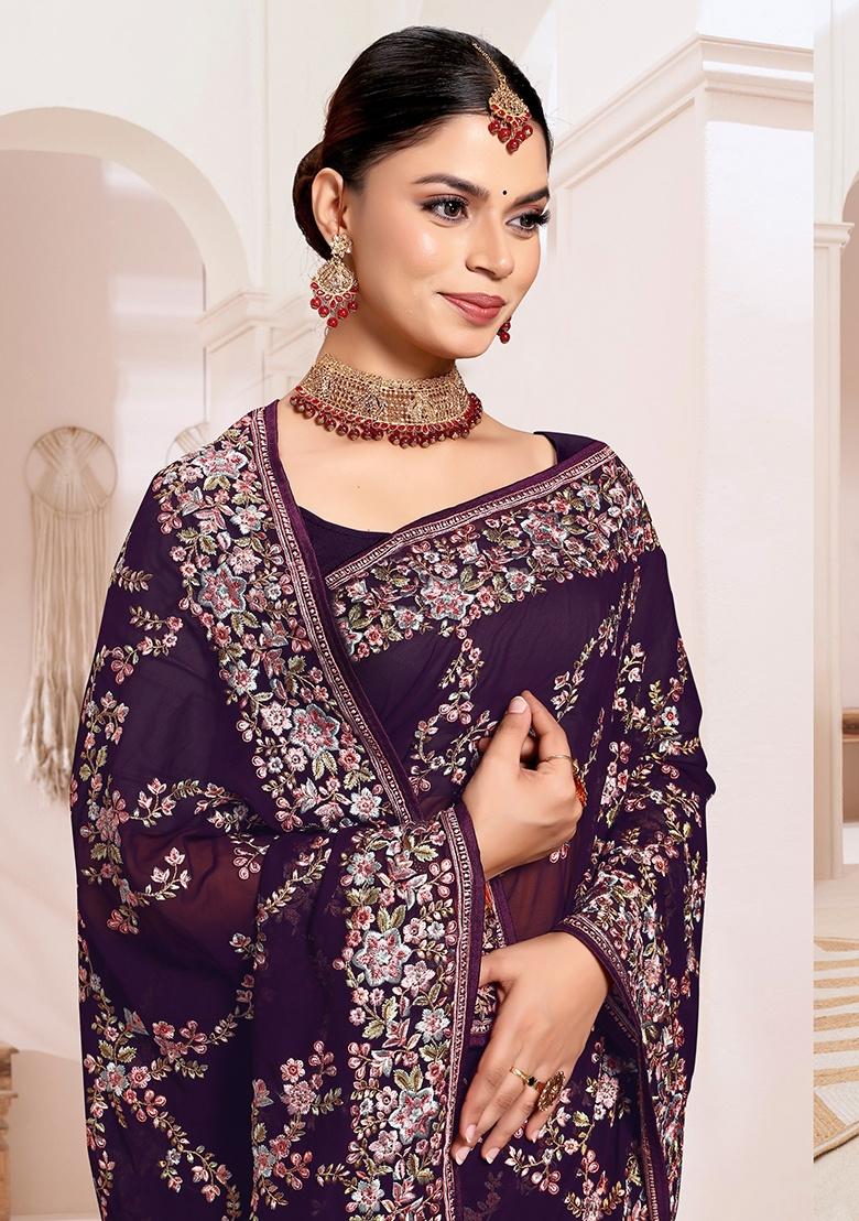 Purple Embroidery Work Georgette Saree Set - Indya