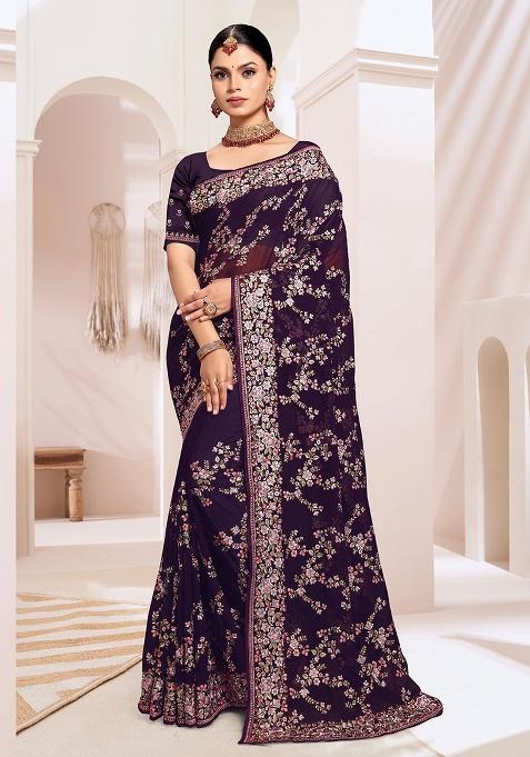 Purple Embroidery Work Georgette Saree Set