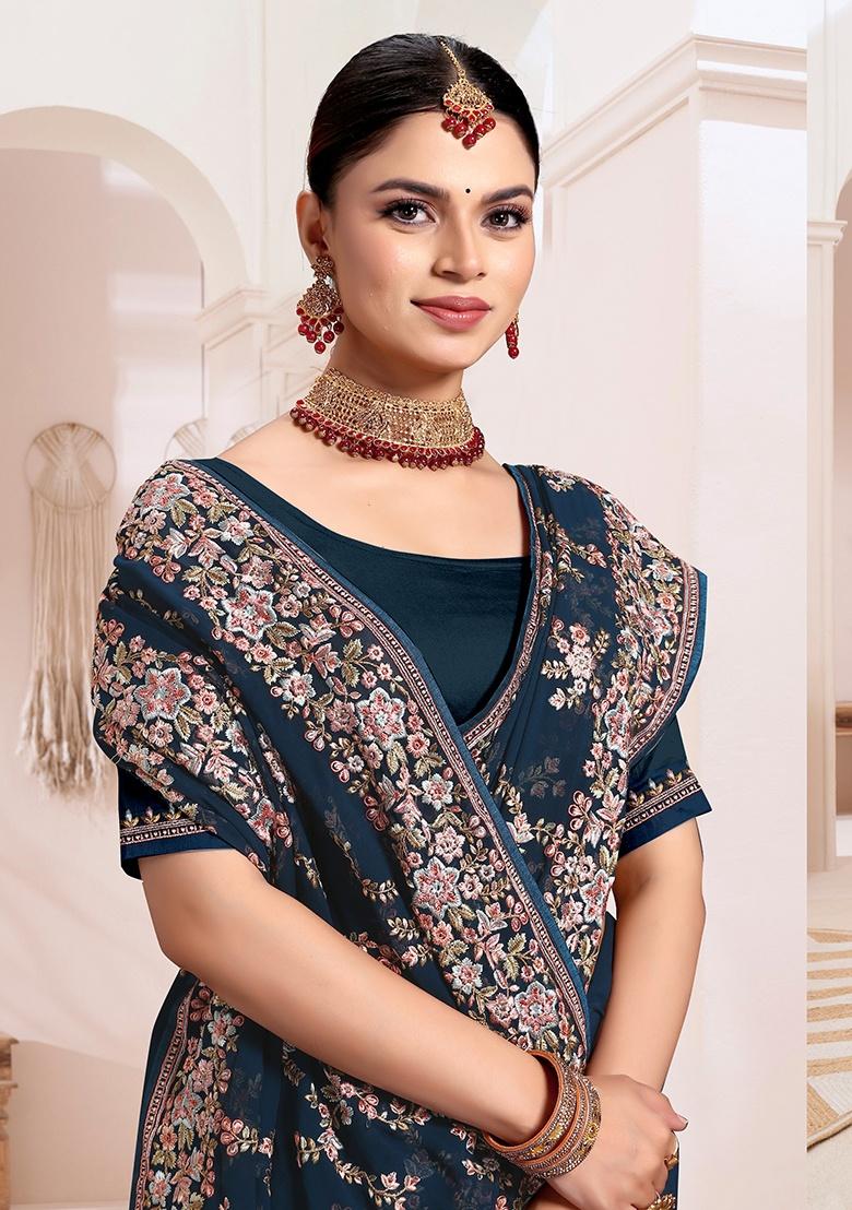 Blue Embroidery Work Georgette Saree Set - Indya