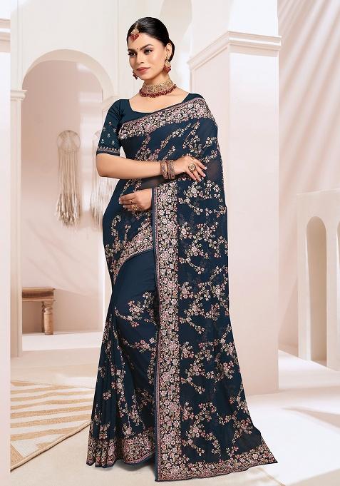 Blue Embroidery Work Georgette Saree Set
