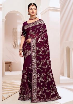 Wine Embroidery Work Georgette Saree Set