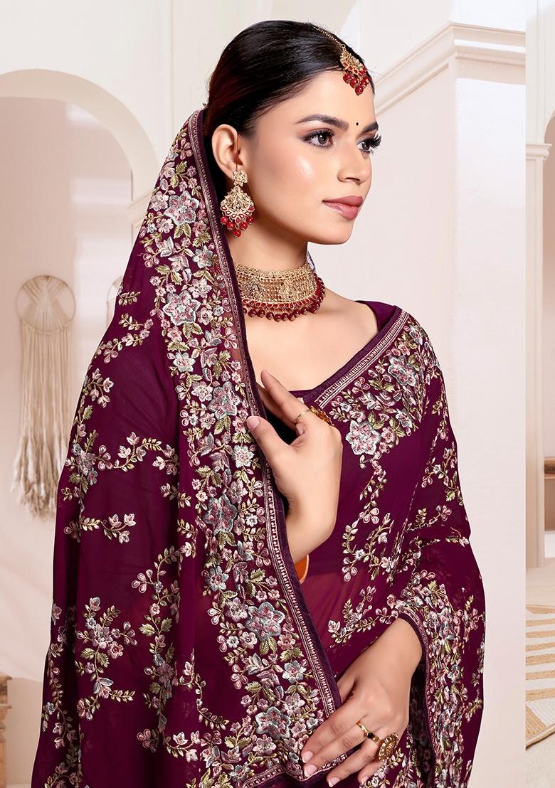 Wine Embroidery Work Georgette Saree Set - Indya