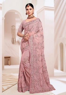 Dusty Pink Embroidery Work Georgette Saree Set