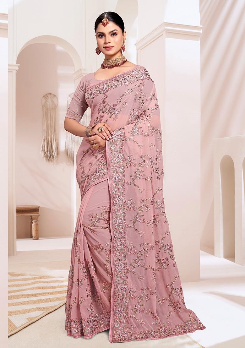 Dusty Pink Embroidery Work Georgette Saree Set