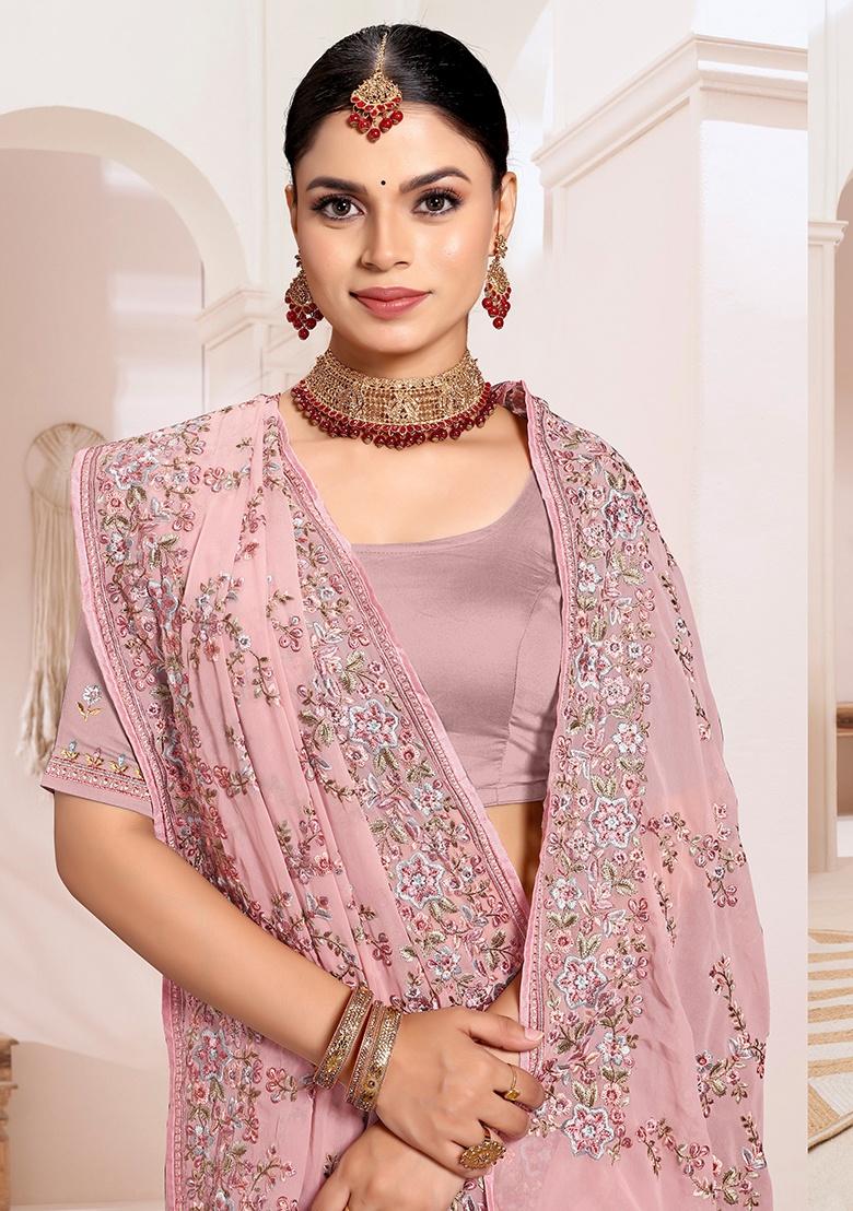 Dusty Pink Embroidery Work Georgette Saree Set - Indya