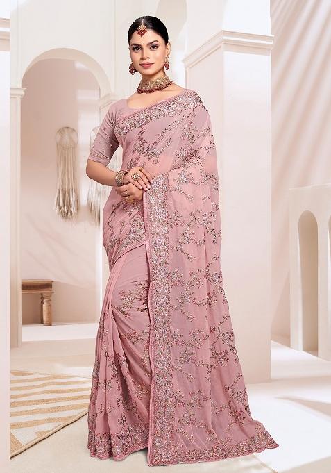 Dusty Pink Embroidery Work Georgette Saree Set