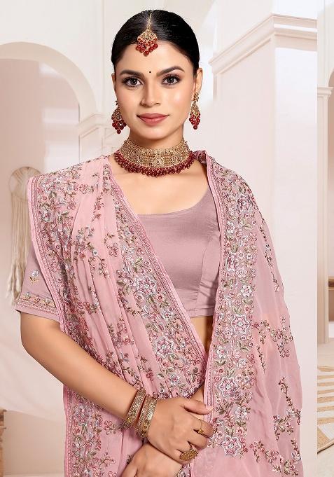 Dusty Pink Embroidery Work Georgette Saree Set