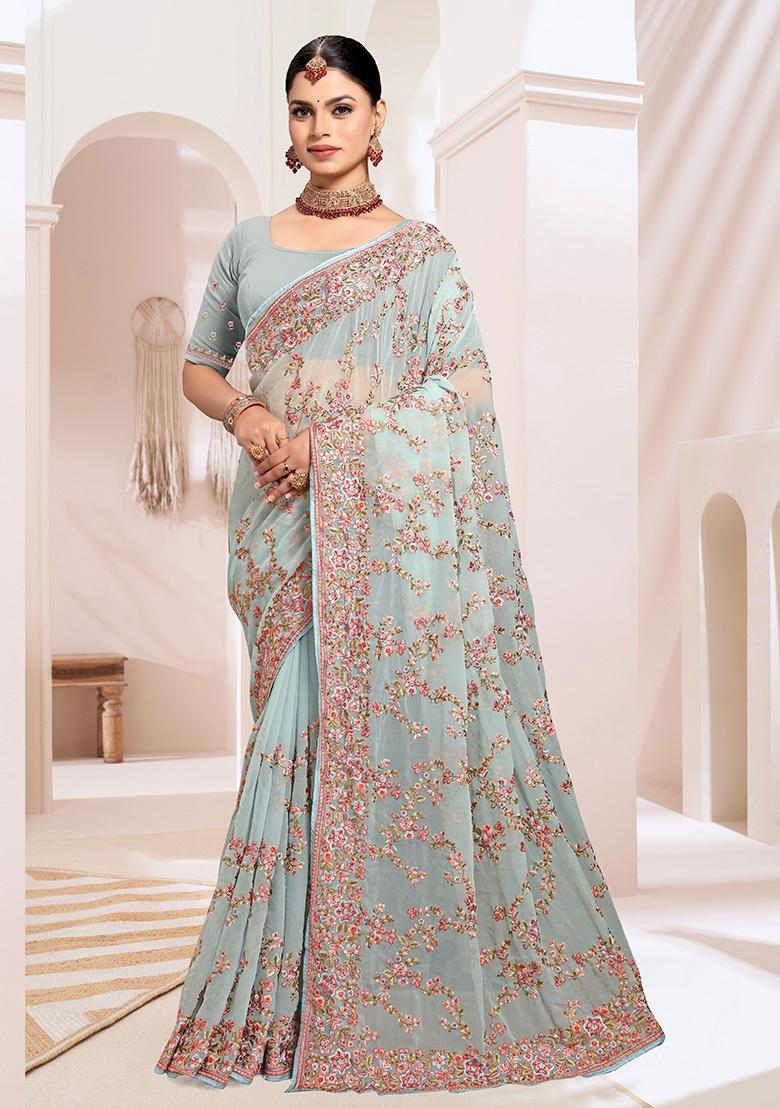 C Green Embroidery Work Georgette Saree Set