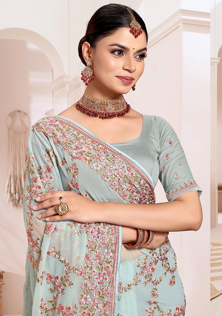 C Green Embroidery Work Georgette Saree Set - Indya