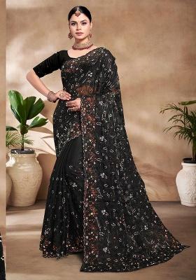 Black Embroidery Work Silk Saree Set