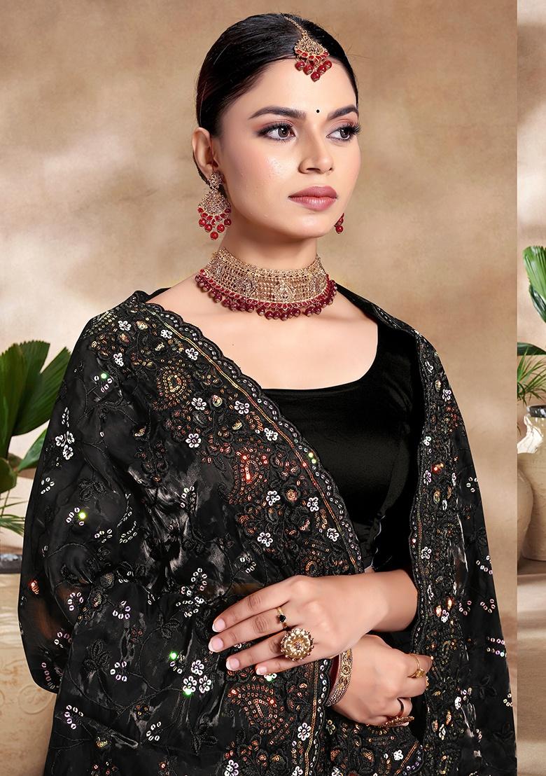 Black Embroidery Work Silk Saree Set - Indya