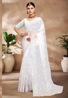 White Embroidery Work Silk Saree Set