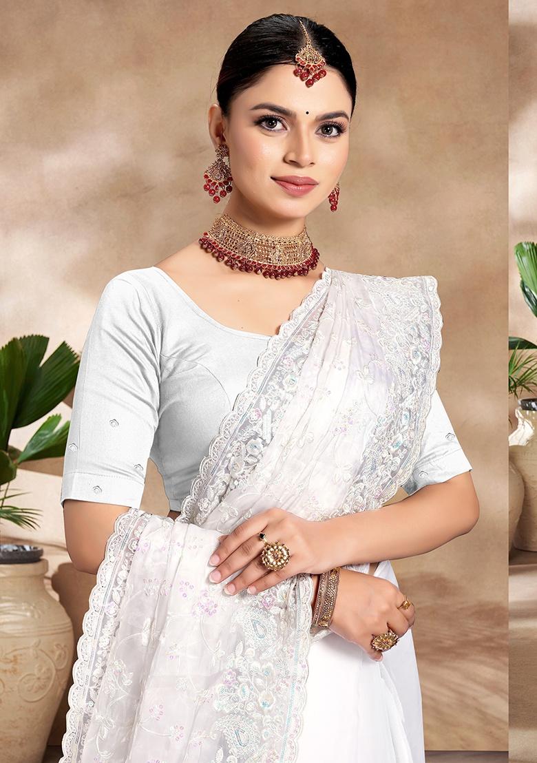 White Embroidery Work Silk Saree Set - Indya