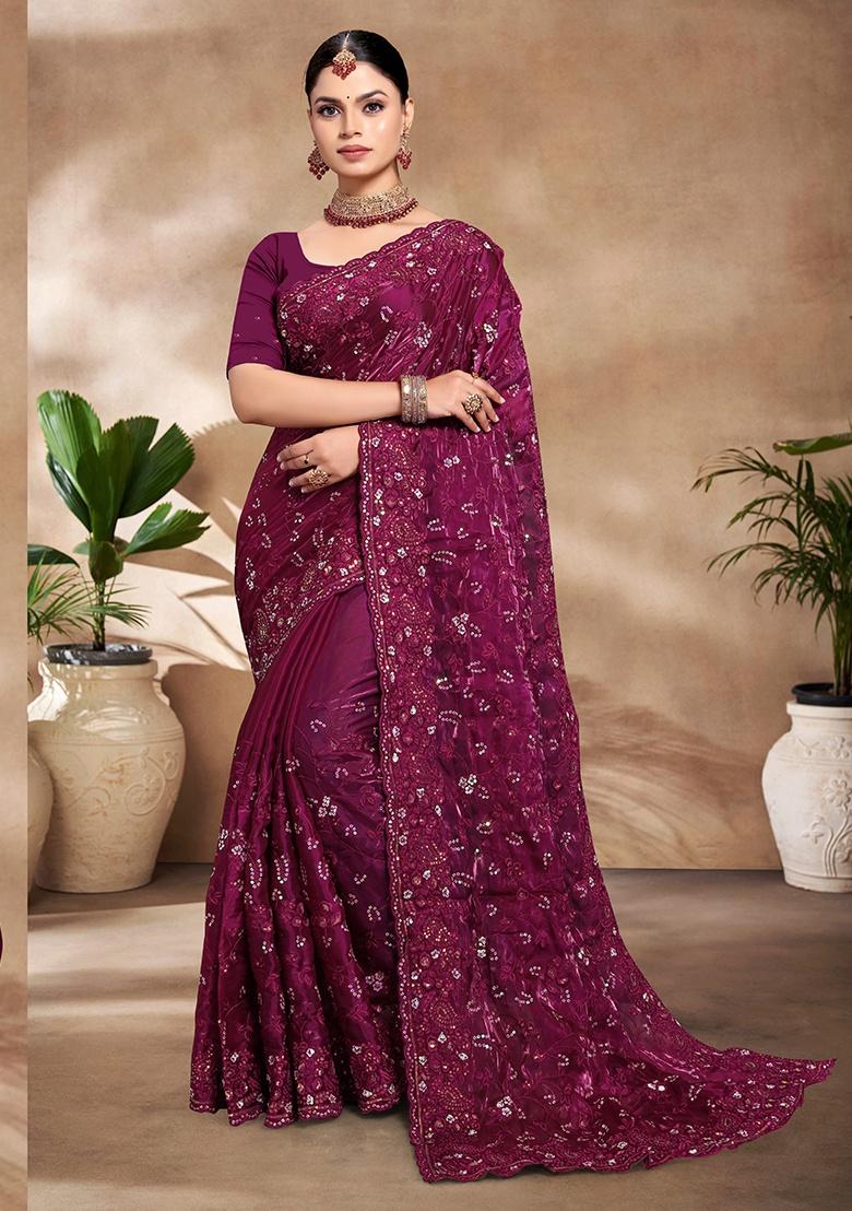 Wine Embroidery Work Silk Saree Set
