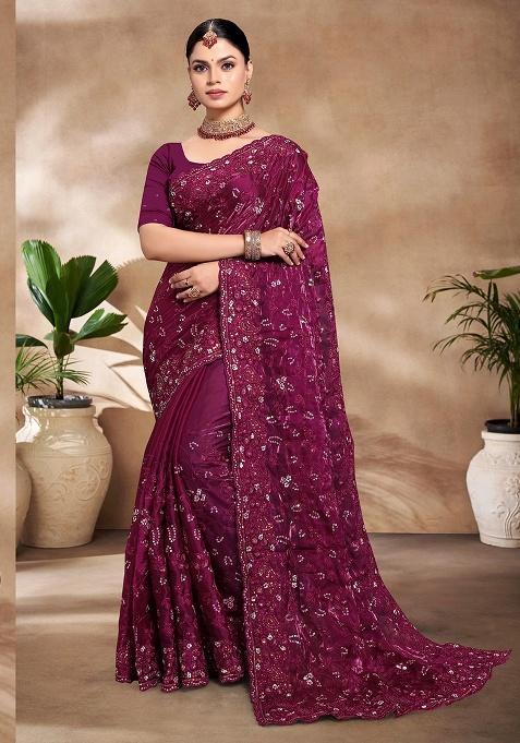 Wine Embroidery Work Silk Saree Set