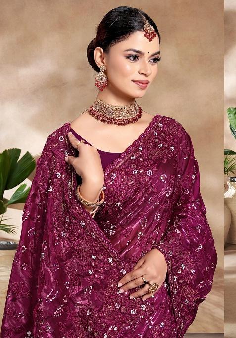 Wine Embroidery Work Silk Saree Set