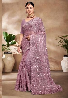 Lavender Embroidery Work Silk Saree Set