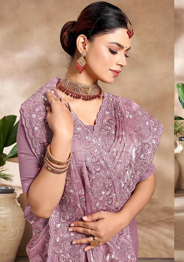 Lavender Embroidery Work Silk Saree Set - Indya