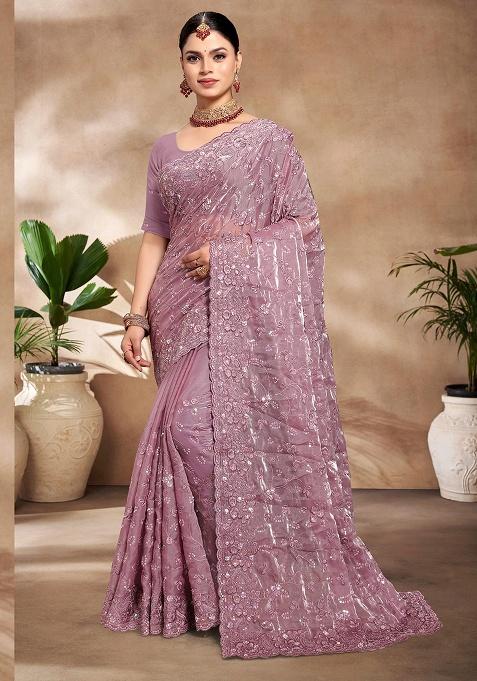 Lavender Embroidery Work Silk Saree Set
