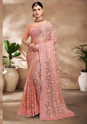 Peach Embroidery Work Silk Saree Set