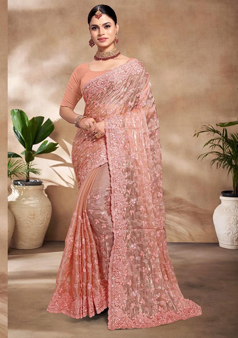 Peach Embroidery Work Silk Saree Set
