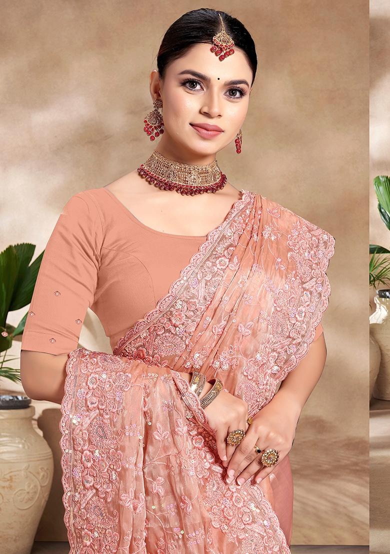 Peach Embroidery Work Silk Saree Set - Indya